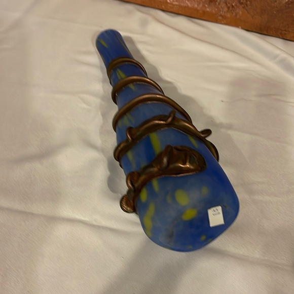 Handmade Blown Glass Vase Engraved with Metal Blue Green Vintage - Picture 6 of 6